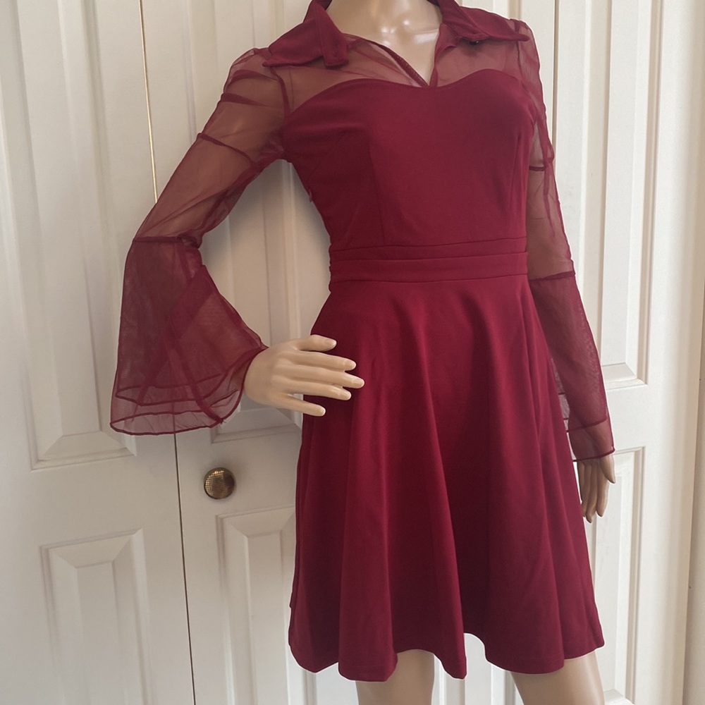 NWT Amazon Red Women Womens Dress Size Small. Sheer Bell Sleeves and Collar. - Picture 3 of 13